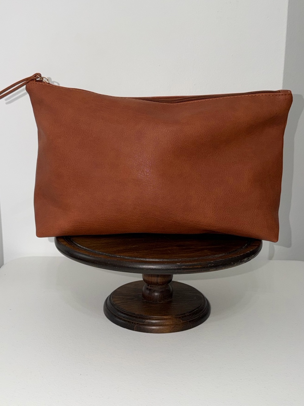 Sasha + Sofi Cognac Brown Faux Leather Pouch Clutch Zip Bag Speckled Lining